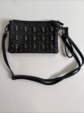 MG Collection Quina Black Studded Skull Crossbody Bag